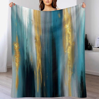 Fashion Gradient Blanket, Modern Abstract Art Gold Lake Blue Painting Strokes Pattern Soft Warm Cozy Plush Flannel Covers for Livingroom Bedroom Couch Chair Camping Travel Home Decor Tapestry 40x50in