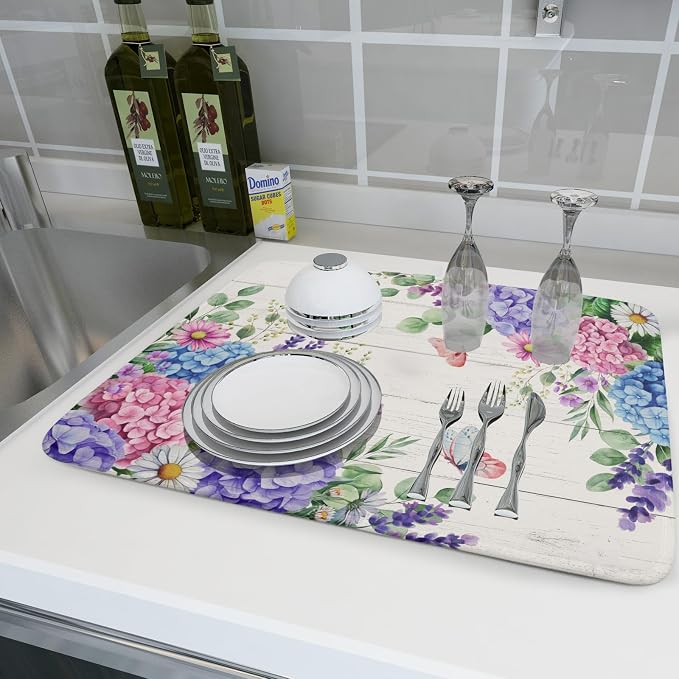 Hydrangea Floral Dish Drying Mat 18x24 inch Spring Summer Decorative Fast Dry - Image 6