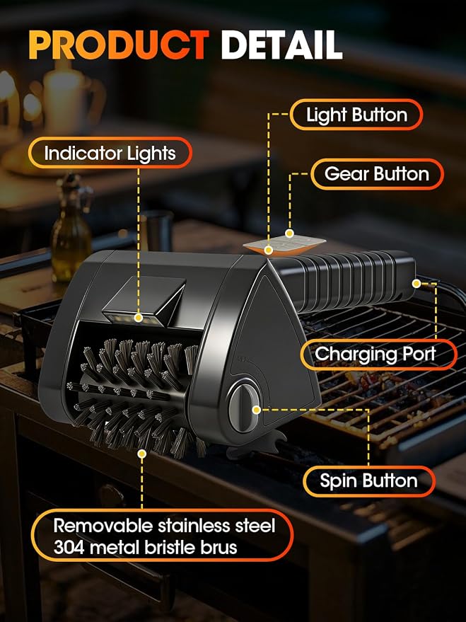 Electric Grill Brush, Cordless Rechargeable BBQ Cleaner, 2-Speed Control - Image 3