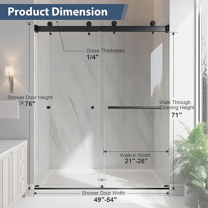 Frameless Double Sliding Shower Doors, 49-54" W x 76" H Shower Glass Door - Image 7