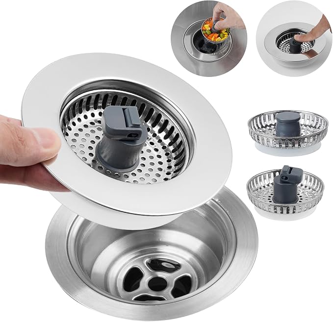 Hibbent 3 in 1 Kitchen Sink Drain Strainer, Stainless Steel Wrapped Shell Drain by Hibbent