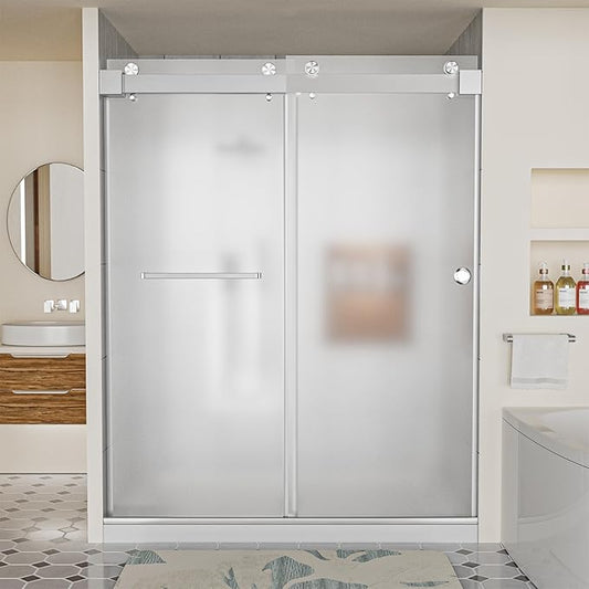 Frameless Shower Door, 56-60" W x 78" H 3/8" Thick Tempered Frosted Glass by Unknown