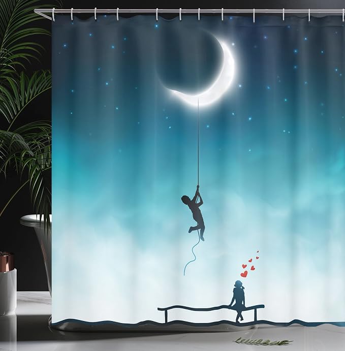 Ambesonne Fantasy Shower Curtain, Characters Climbing to The Moon and Sitting - Image 3