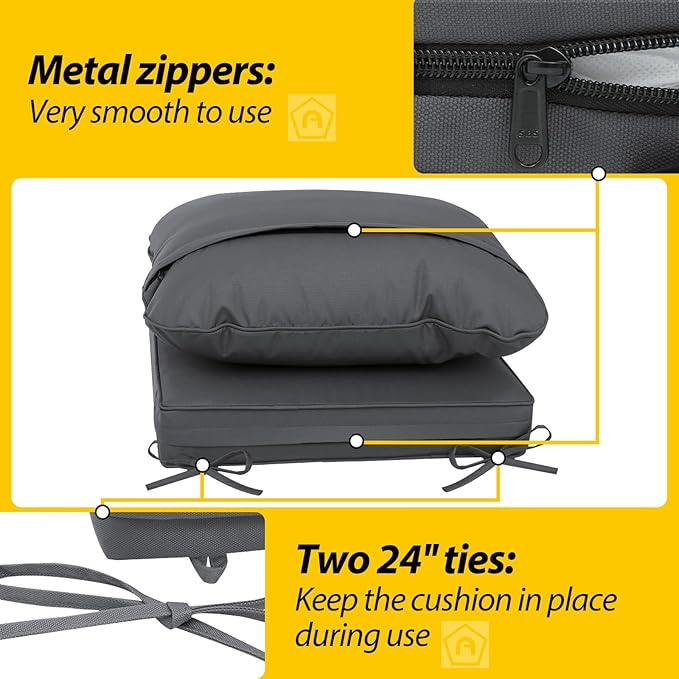 AAAAAcessories Outdoor Deep Seat Cushions, Waterproof, Fade-Resistant Patio Furniture Replacement Cushions, 25.5" x 25.5" x 5" + 25.5" x 19", Dark Gray