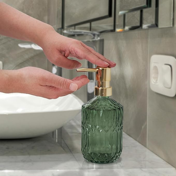 Glass Soap Dispenser Green Bottle Gold Plastic Pump Refillable Kitchen Sink - Image 4