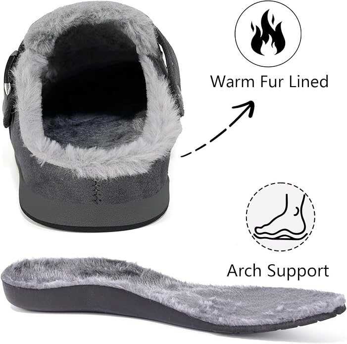 Fur Lined Clogs for Women Men Suede Winter Slippers Arch Support Slip on Mules - Image 5