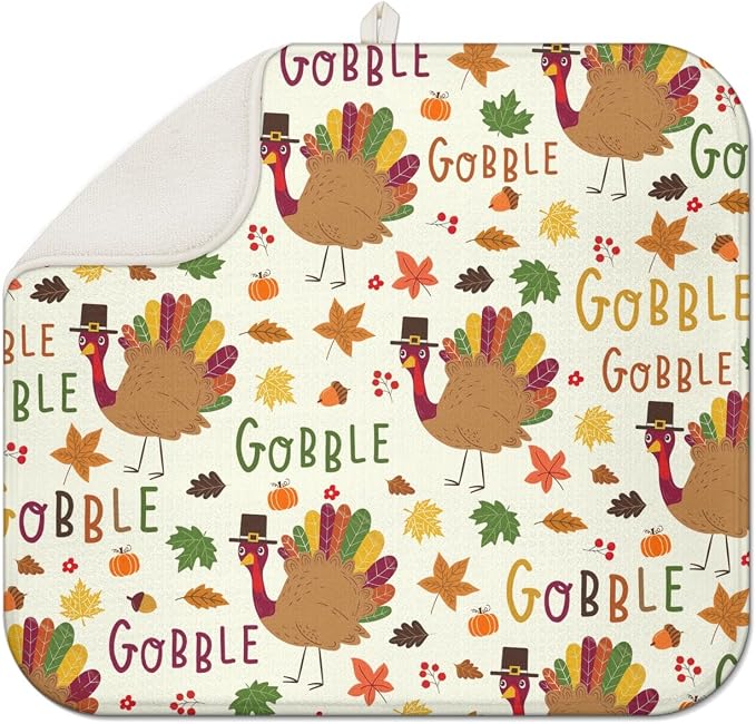 Thanksgiving Dish Drying Mat for Kitchen Counter, Cream Turkey Pattern by Unknown