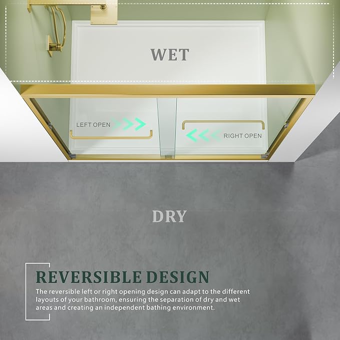 Brushed Gold 50-54'' x 72'' Semi-Frameless Glass Shower Door, Bathroom Sliding - Image 9