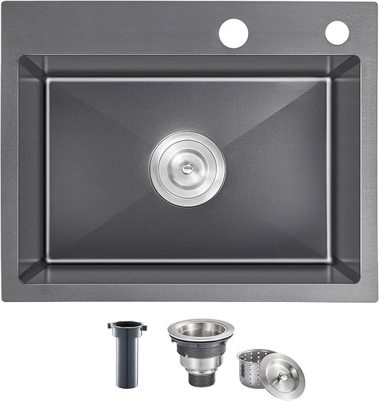 22x18 Inch Drop in Kitchen Sink, Handmade 304 Black Stainless Steel Sink by OUGOO