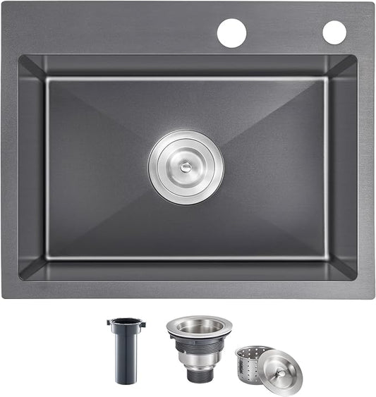 20x16 Inch Drop in Kitchen Sink, 304 Black Stainless Steel Sink, R10 Tight by OUGOO