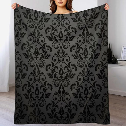 Black Damask Blanket, Antique Victorian Style Gothic Vintage Black Floral Bohemian Exotic Print Blanket for Sofa Bed Decor Fuzzy Blanket Twin, 40"x50"