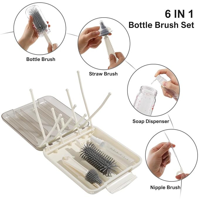6 in 1 Baby Bottle Brush Set, Bottle Cleaner Brush Kit - Image 3