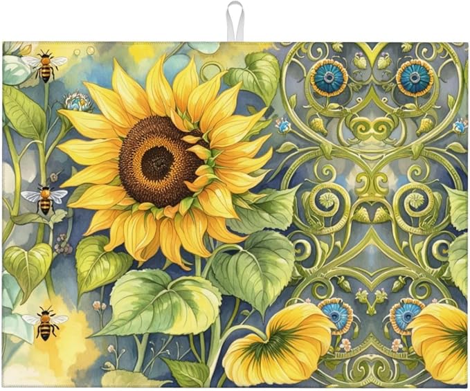 Sunflower Bee Dish Drying Mat Highly Absorbent Double-Sided Microfiber by Ovitssrk