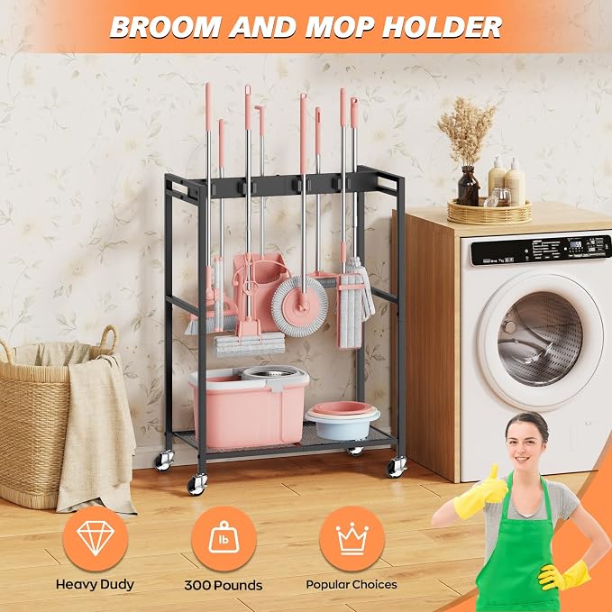 Broom and Mop Holder, Broom Closet Storage Cabinet, Cleaning Cart - Image 3