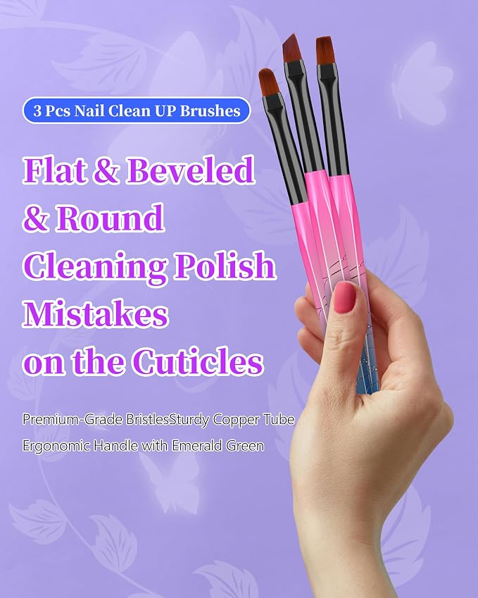 3PCS Nail Polish Clean Up Brush, Round&Falt&Angled Acetone Resistant Nail Brush - Image 2