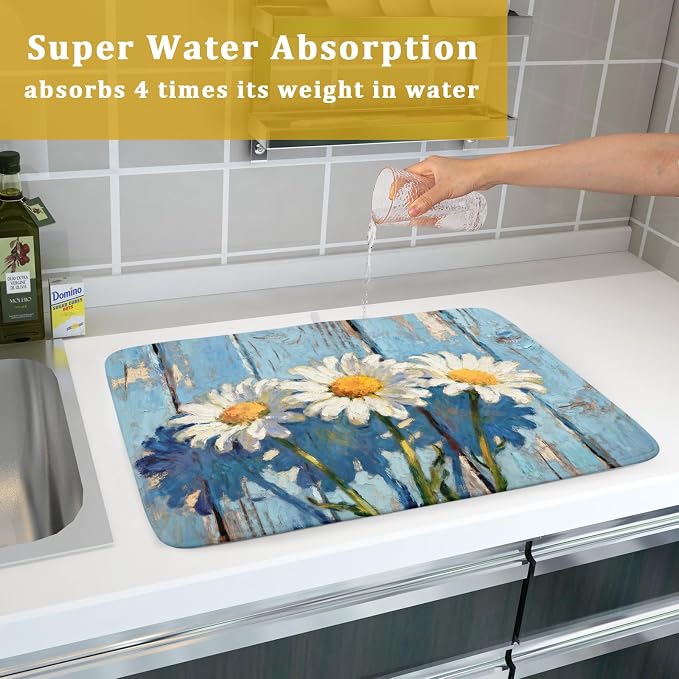 Daisy Floral Dish Drying Mat for Kitchen Counter 18x24 Spring Summer Theme - Image 7