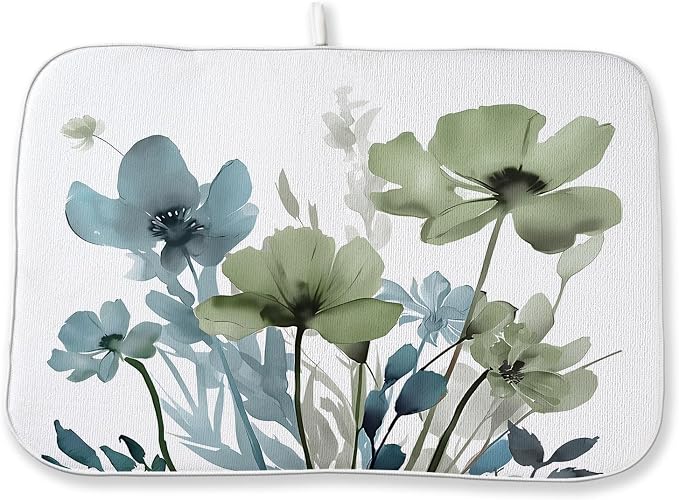 Blue Sage Green Dish Drying Mats 18x24 Inch Mats Vintage Floral Spring Drying by GOLIANDA