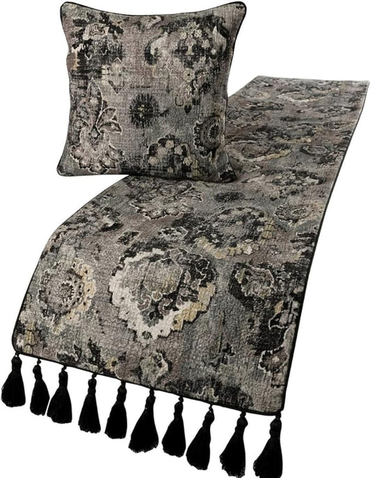The HomeCentric Luxury Black & Grey Queen 74 x 18 inch Bed Runner with 2 Pillow Cover, Velvet Damask with Tassels Bed Scarf, Abstract Modern - Paved Damask