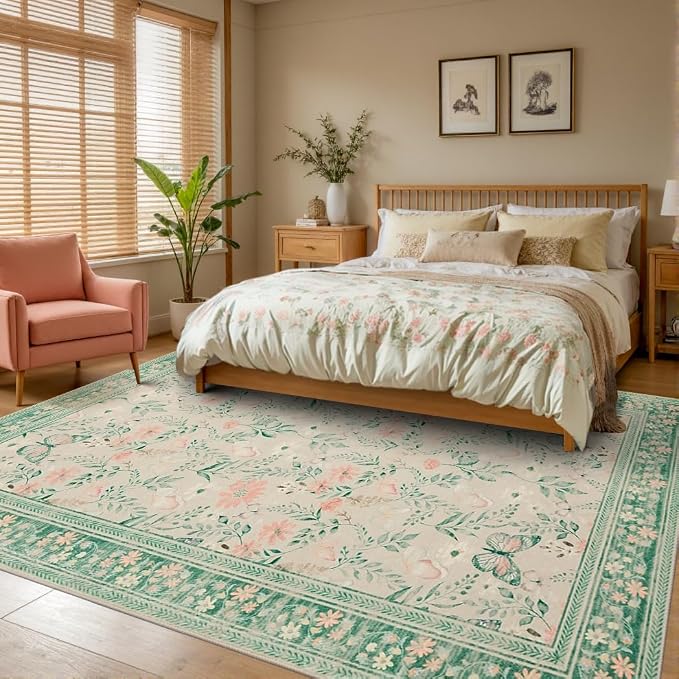 Floral Rug for Living Room Bedroom, 8x10 Washable Rug, Large Non Slip Low Pile - Image 2