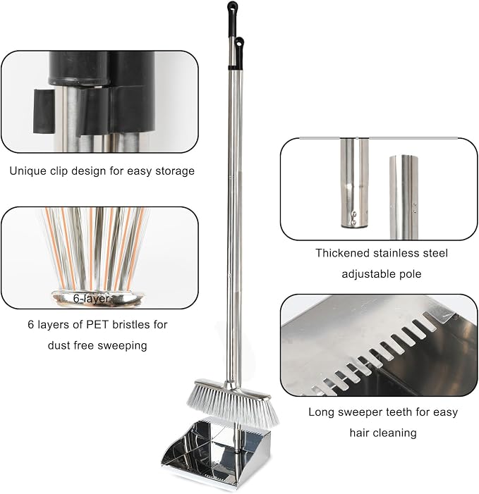 Metal Dustpan with Soft Bristles Broom Heavy Duty Stainless Steel Upright - Image 4