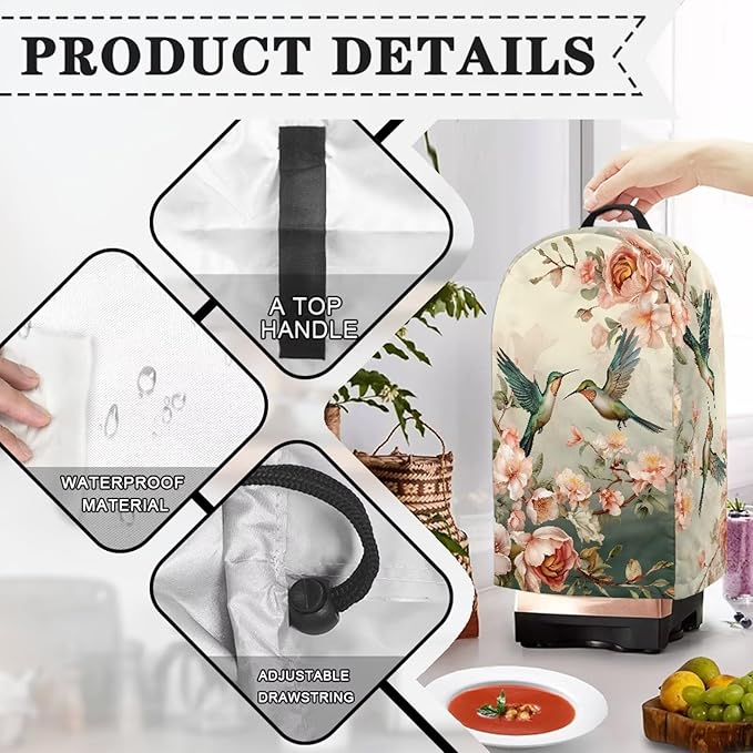 Hummingbirds Flower Blender Dust Cover Stand Mixer or Coffee Maker Appliance Covers with Drawstring, Anti Fingerprint Polyester Dust Proof Stain Resistant Blender Cover for Home Kitchen