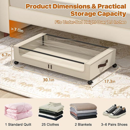 Under Bed Storage with Wheels, 4 Pack Under Bed Storage Containers with Clear - Image 2