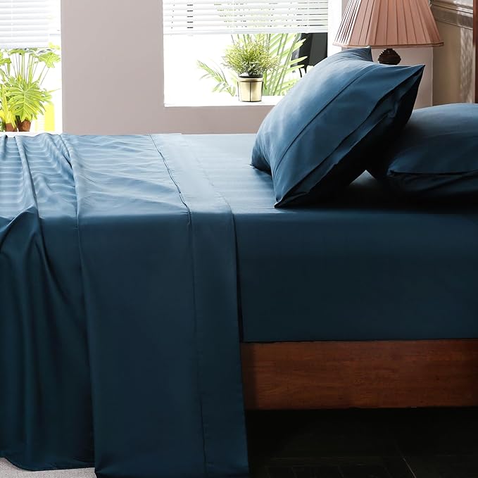 Extra Deep Pocket King Sheets 18-24 Inch 100% Egyptian Cotton 1000 Thread Count Sateen Weave Soft Breathable 4 Pieces（King，Navy）