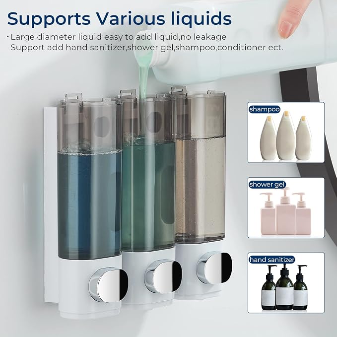 Shampoo and Conditioner Dispenser, Shower Soap Dispenser 3 Chamber No Drill - Image 2