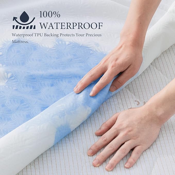 Waterproof Mattress Protector 2 Pillowcase 20''x28'', Queen Mattress Pad, Deep Stretchable Pocket Bed Cover, Machine Washable Soft Breathable Noiseless Mattress Protection