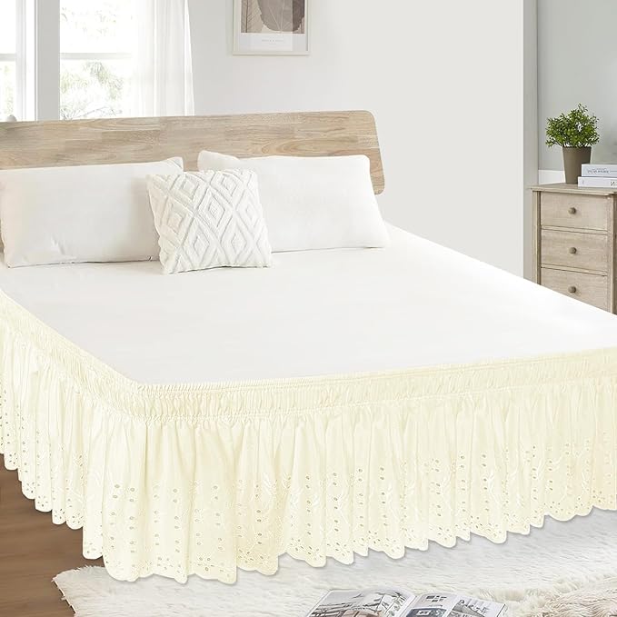 King Bed Skirt, Wrap-Around Elastic Ruffled Eyelet Bed Skirt King Size Dust Ruffle with Gathered Styling and Embroidered Details, 18" Drop Length (Light Yellow)