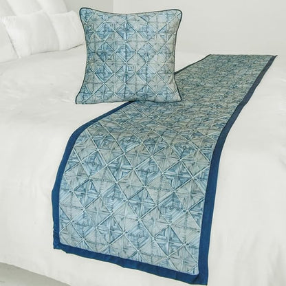 The HomeCentric King/Queen/Twin Blue Decorative Full 68"x18" Bed Runner Without Pillow Cover, Indigo, Printed & Quilted Bed Scarf on Suede Fabric - Indigo Centric