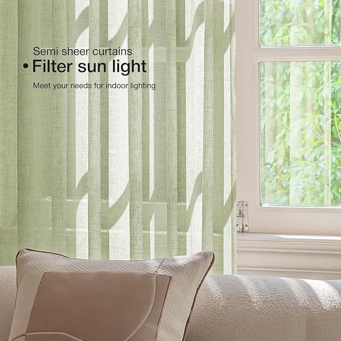 Anmao Natural Linen Curtains for Living Room 80 Inch Length 2 Panels Set, Light Filtering Semi Sheer Window Curtain Drapes for Bedroom with Curtain Rings and Clips, 52Wx120L, Sage Green