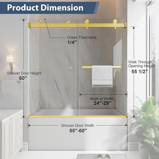 Frameless Bathtub Shower Door, 55-60" W x 60" H Double Sliding Tub Shower Door - Image 6