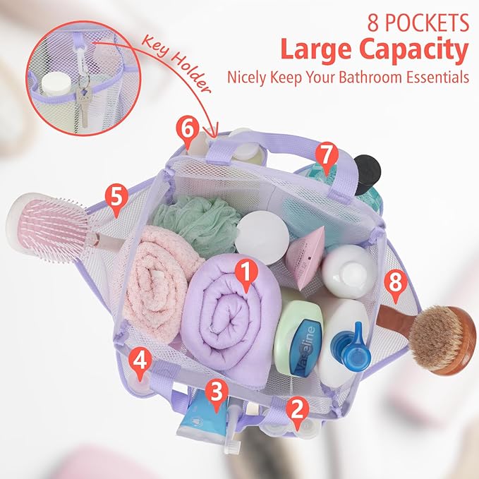 F-color Mesh Shower Caddy Portable, Upgrade Deeper 7 Pockets Shower Bag Basket - Image 2