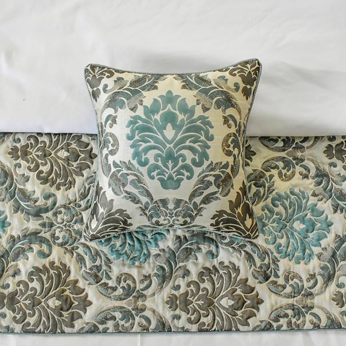 The HomeCentric King/Queen/Twin Blue Decorative CA King 86"x18" Bed Runner with 2 Pillow Cover, Damask Bed Scarf on Jacquard Fabric - Royal Elegance