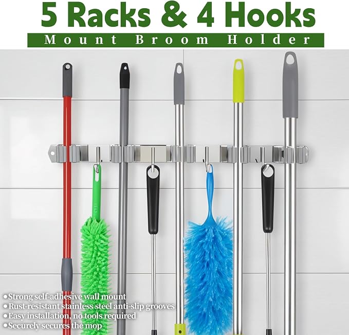 2 Pack Wall Mount Broom Holder, Self Adhesive 5 Racks and 4 Hooks Mop and Broom - Image 3
