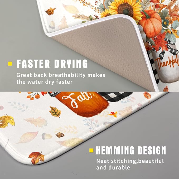 Autumn Pumpkin Dish Drying Mat 16x18 Inch Sunflower Flower Vase Washable - Image 3
