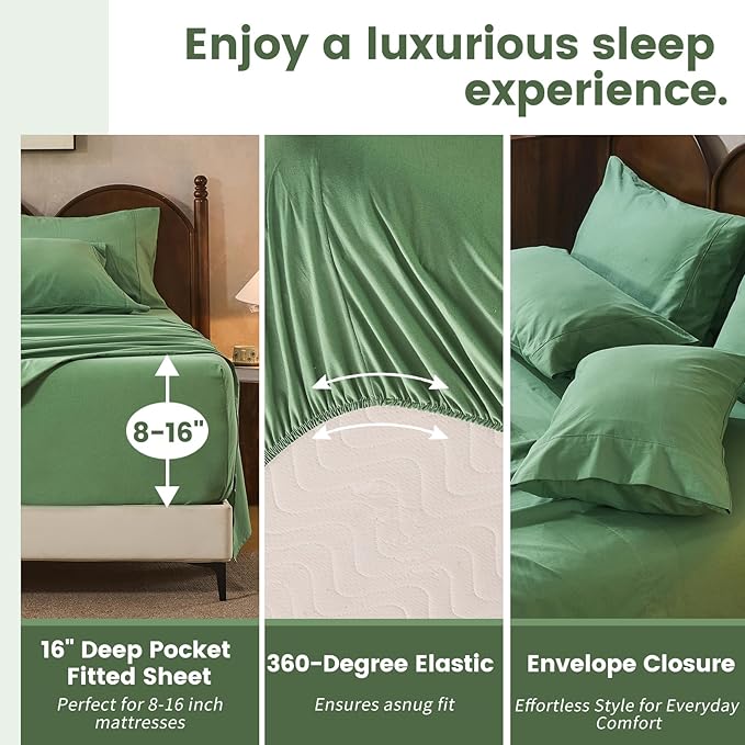 100% Linen Sheets California King Size,Breathable & Durable 4-Piece Bed Flax Sheet Set,Soft All-Season Bedding for Hot Sleepers 16" Deep Pocket Oeko-TEX Certified,（Cal King, Sage Green）