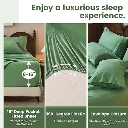 100% Linen Sheets California King Size,Breathable & Durable 4-Piece Bed Flax Sheet Set,Soft All-Season Bedding for Hot Sleepers 16" Deep Pocket Oeko-TEX Certified,（Cal King, Sage Green）