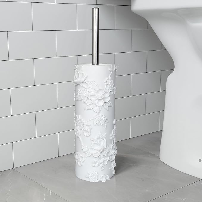 White Floral Branches Design Resin Toilet Bowl Brush and Holder Set, Elegant - Image 6