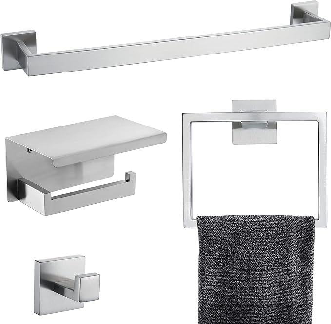 Brushed 4-Piece Bathroom Hardware Set Premium Stainless Steel Bath Towel Bar by TQKAG