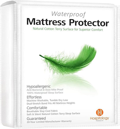 HOSPITOLOGY PRODUCTS TwinXL Mattress Protector Hypoallergenic Natural Cotton - Waterproof - Fitted Cover - Machine Washable - 38" W x 80" L