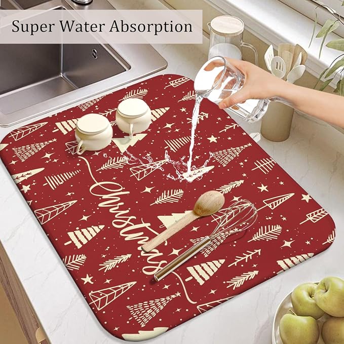 Christmas Kitchen Countertop Dish Drying Mat, Washable Absorbent Countertop - Image 5