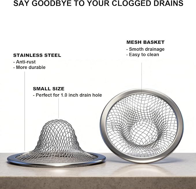 2.215" Top Diameter, 1.0" Basket Small Bathroom Sink Strainer, Little Drain Mesh - Image 3