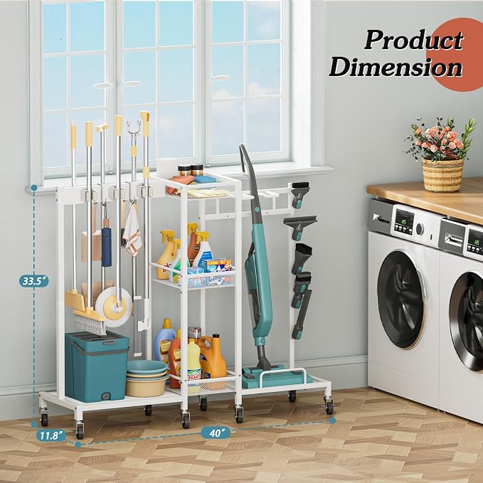 Broom Holder with Cleaning Supplies Organizer, Broom Closet Storage Cabinet - Image 7