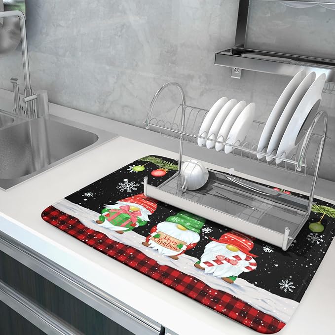Merry Christmas Dish Drying Mat Black Gnomes Dish Drainer Mats 18x24 Inch - Image 5