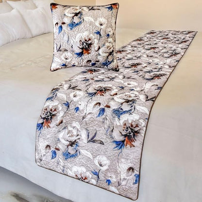The HomeCentric King/Queen/Twin Ivory Luxury King 90"x18" Bed Runner Without Pillow Cover, Floral, Quilted Bed Scarf on Satin Fabric - Floral Harmony