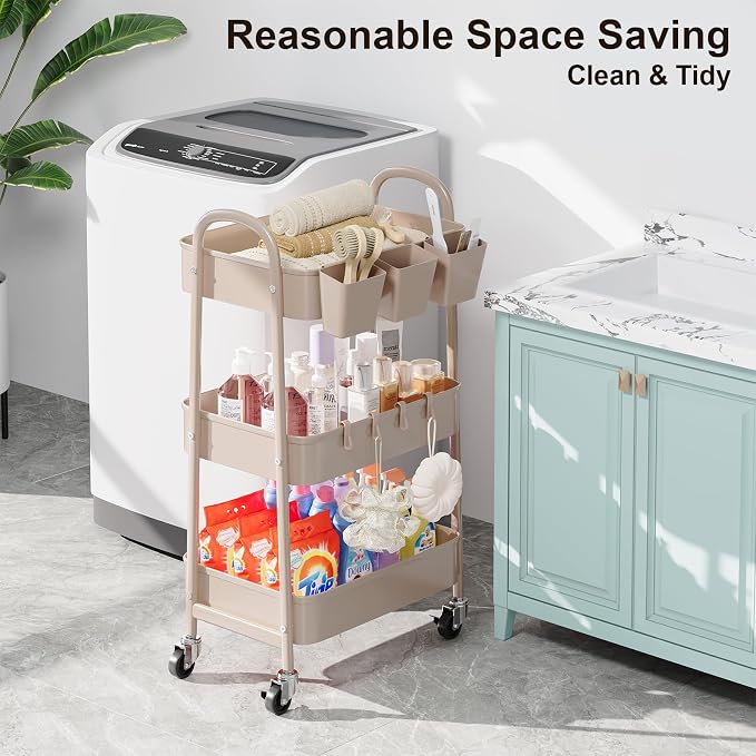 3 Tier Khaki Metal Utility Rolling Cart, Storage Cart - Image 3
