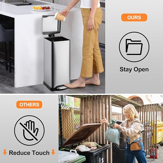 8 Gal/30L Slim Trash Can, Rectangular Step-On Stainless Steel Garbage Can - Image 5