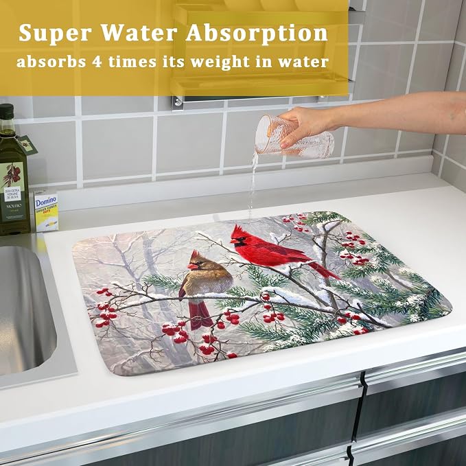 Red Bird Dish Drying Mat Merry Christmas Dishes Pad Absorbent Fast Dry Dish - Image 7
